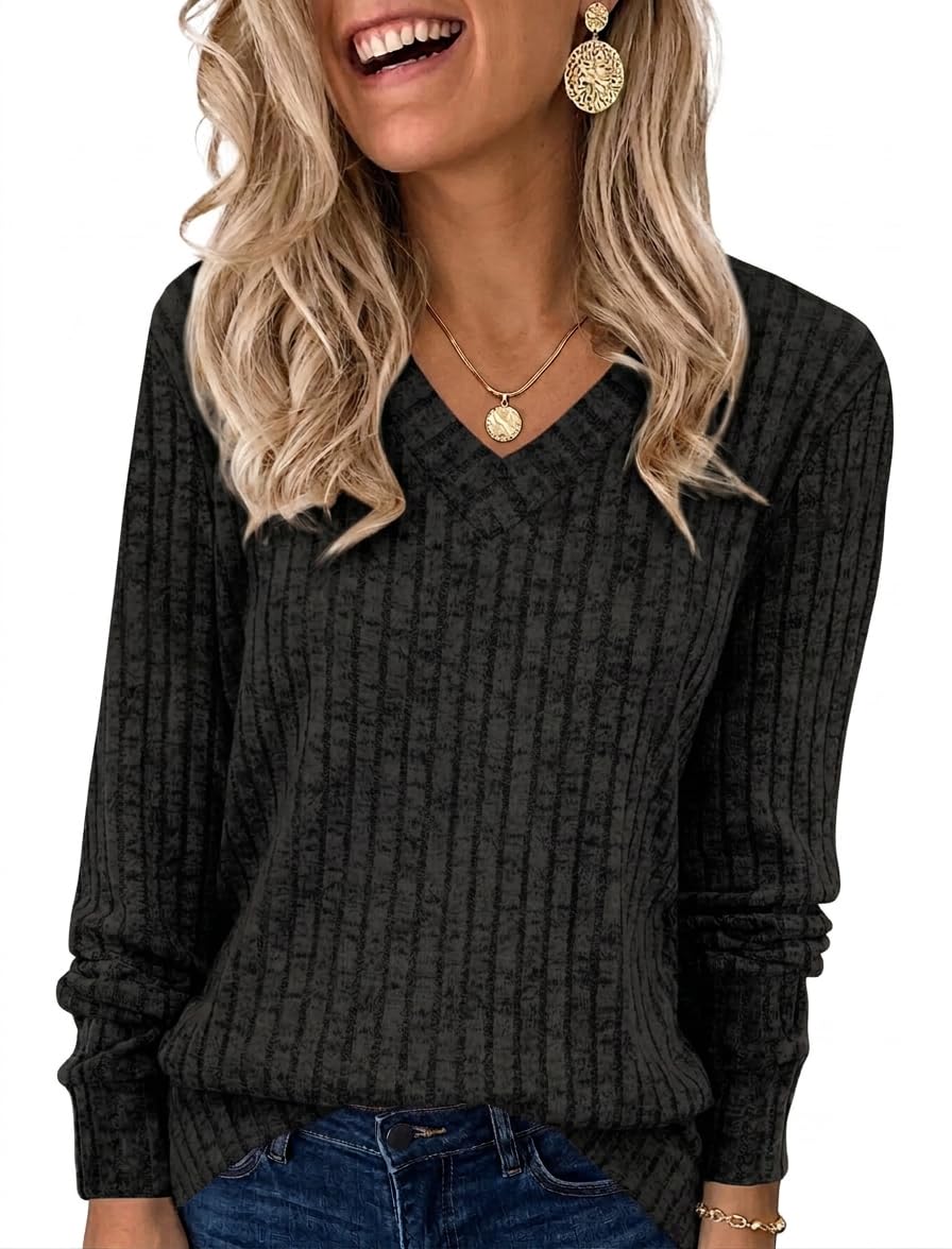 Chicrise Langarmshirt Damen V-Ausschnitt Strick Pullover Gestreift Lässig | Oversize,Herbst,V-Ausschnitt,Sweatshirt,Strickpullover,Langarm,Elegant,Gerippte,Longsleeve,Strick,Thermo,Leichte,Basic,Lässig