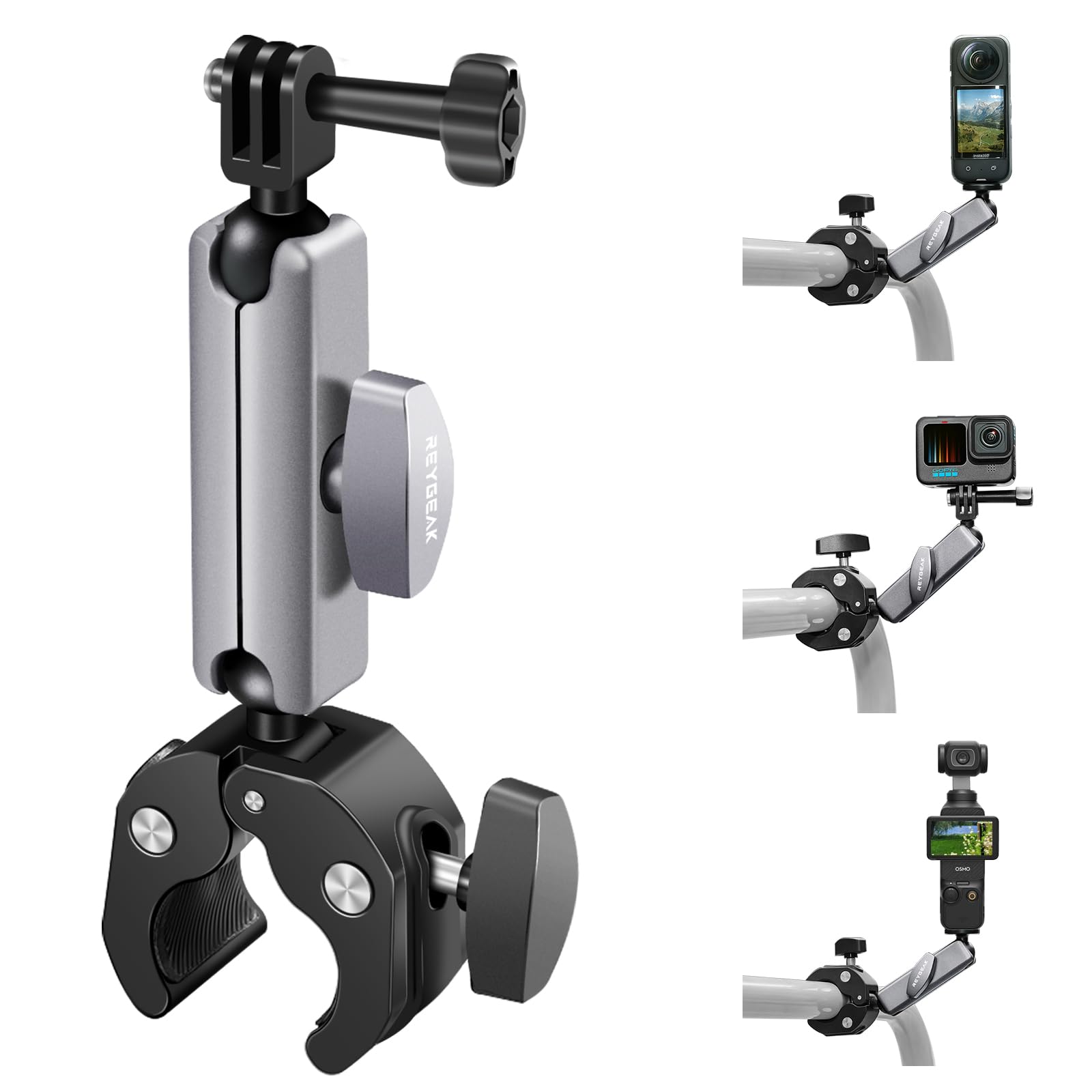 REYGEAK Support de caméra avec double tête sphérique à 360° avec vis 1/4, support de guidon de vélo avec double griffe pour GoPro Max Hero 13/12/11/10/9