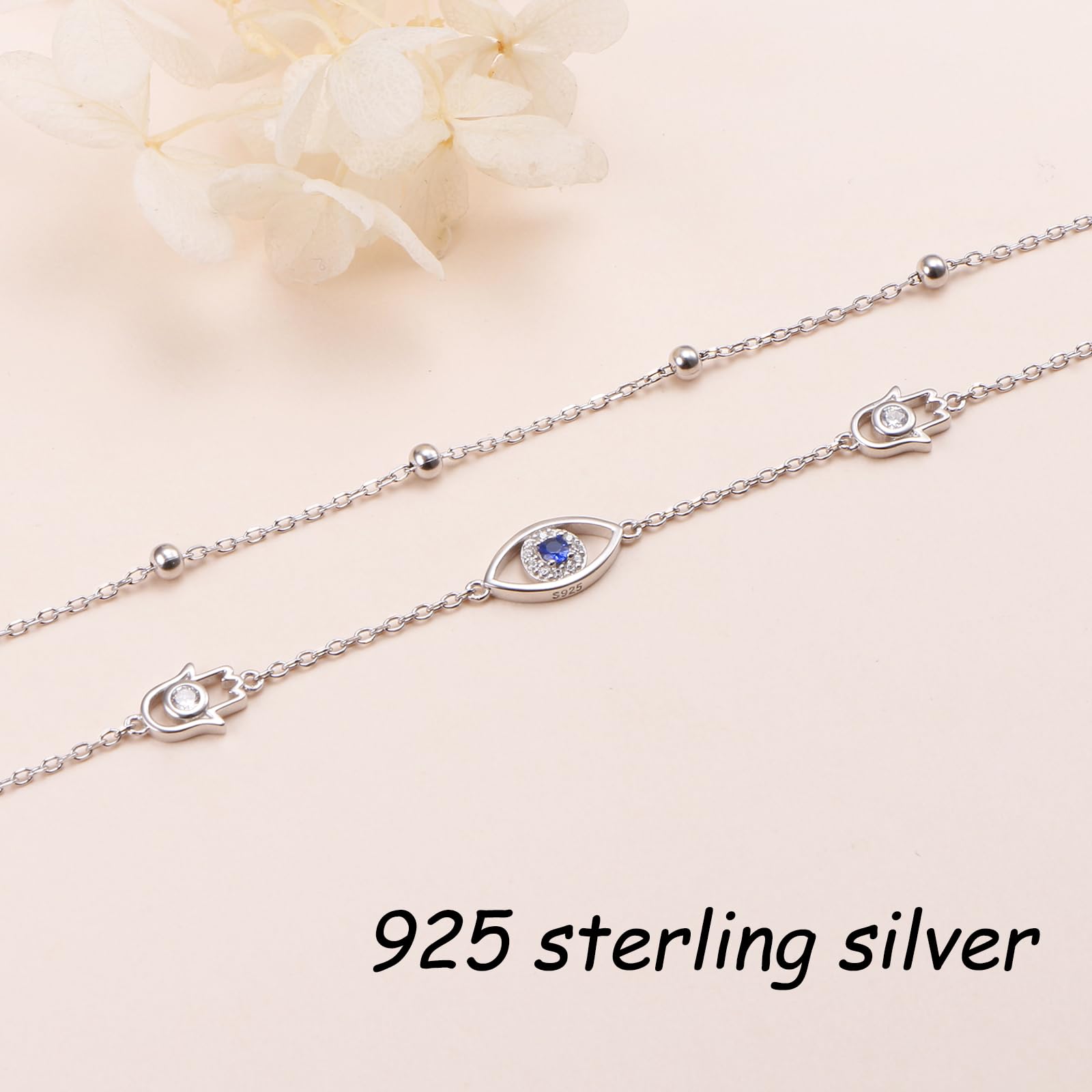 Tobilleras ajustables de plata de ley 925 contra el mal de ojo para mujer, doble capa, cadena de pie de playa, regalos de joyería