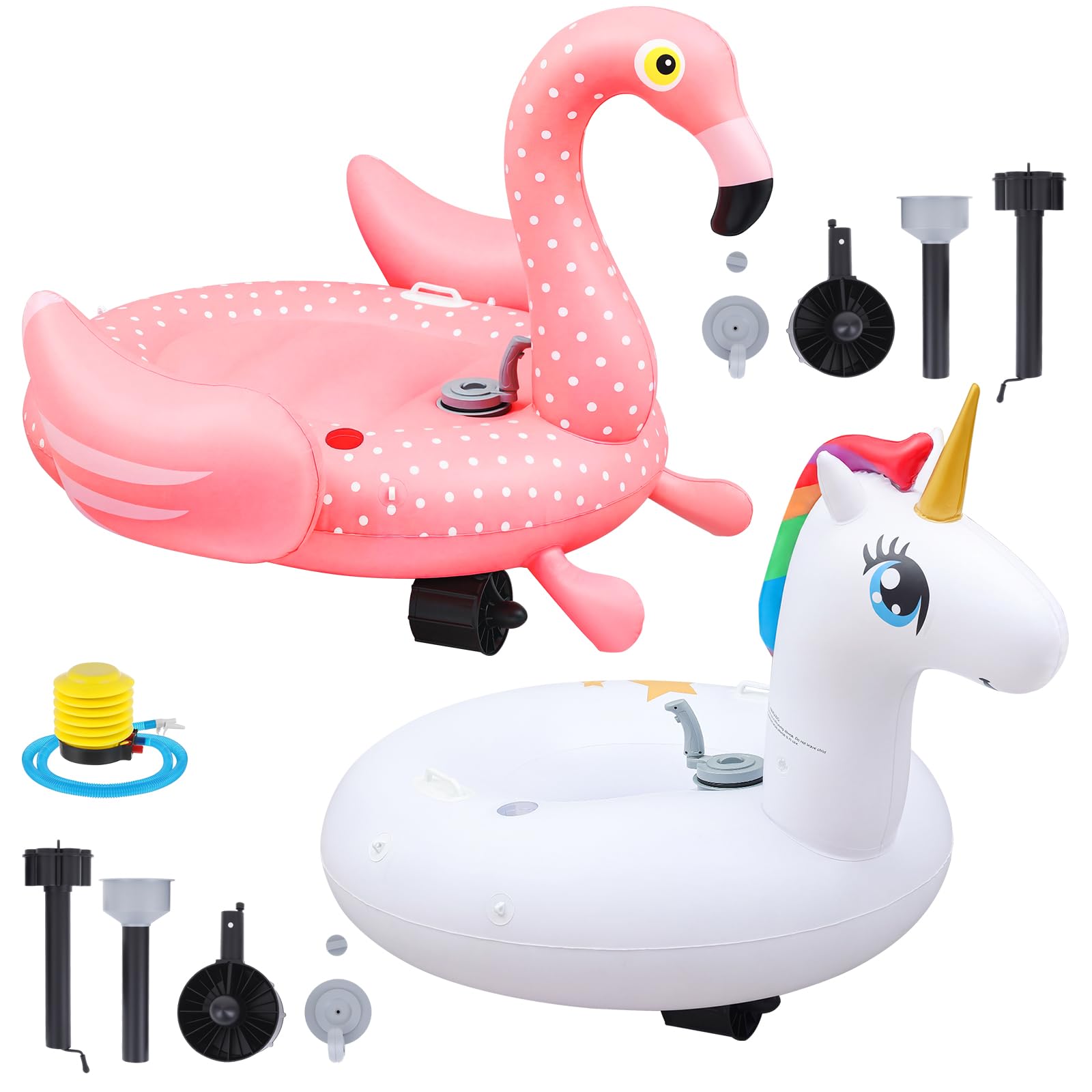 Photo 1 of ShinyRelief 2 Pack Motorized Pool Float for Adult, Inflatable Pool Lounger Chair Pink Flamingo Unicorn River Tube Floating with Pusher Handles Cup Holder and Pump Waterproof for Party Beach Outdoor