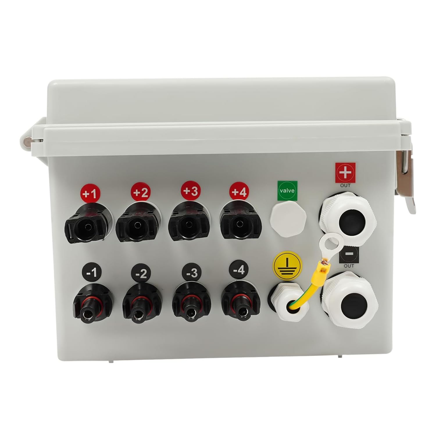 4 String Solar Combiner Box PV Combiner Box with 10A Rated Current Fuse, Surge Protective Device and 63A Air Circuit Breaker for On/Off Grid Solar Panel System (4 String)