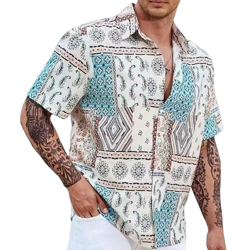 Ethnic Style Graphic Hawaiian Shirt for Men Vintage Western Aztec Print Short Sleeved Harajuku Street Shirts Unisex Oversized Button Shirts