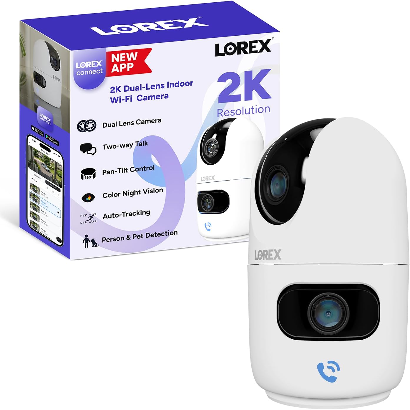 Lorex Connect (New App) | 2K Dual-Lens Indoor Pan-Tilt Wi-Fi Camera