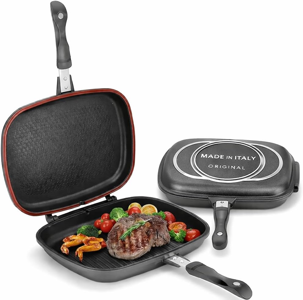 B Unique 32cm Double Sided Nonstick Grill Pan with Locking Lid, Flip Grill Pan for Stovetop, Leak-Proof Seal, Even Heat Cooking, Indoor Grill Pan for Steak, Panini, Sandwich & Vegetables