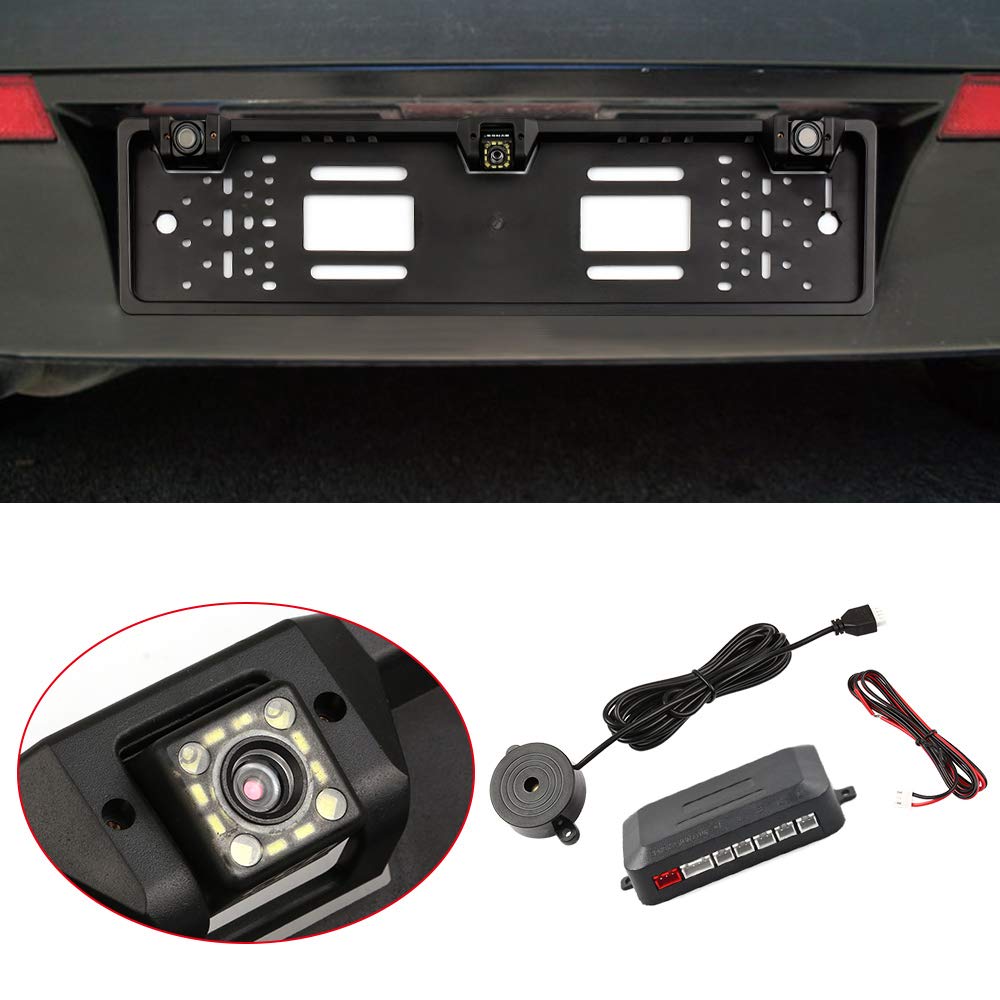 aqxreight Caméra de Recul avec Cadre de Plaque d'immatriculation Européenne, Caméra de Recul à 8 LED avec Système de de, Capteur de Stationnement, Couleur avec Image Améliorée, Performance