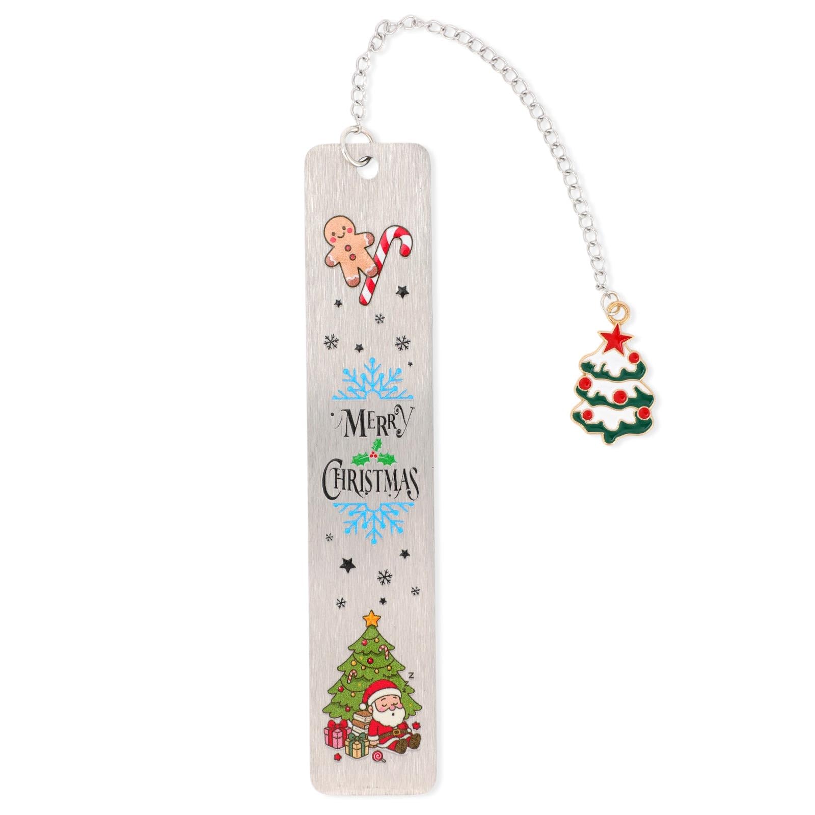 Christmas Bookmark with Chain, Silver Metal Xmas Tree Book Marks Candy Cane Gift Box Santa Claus Bookmarks with Charms for Festival Book Lovers Teens