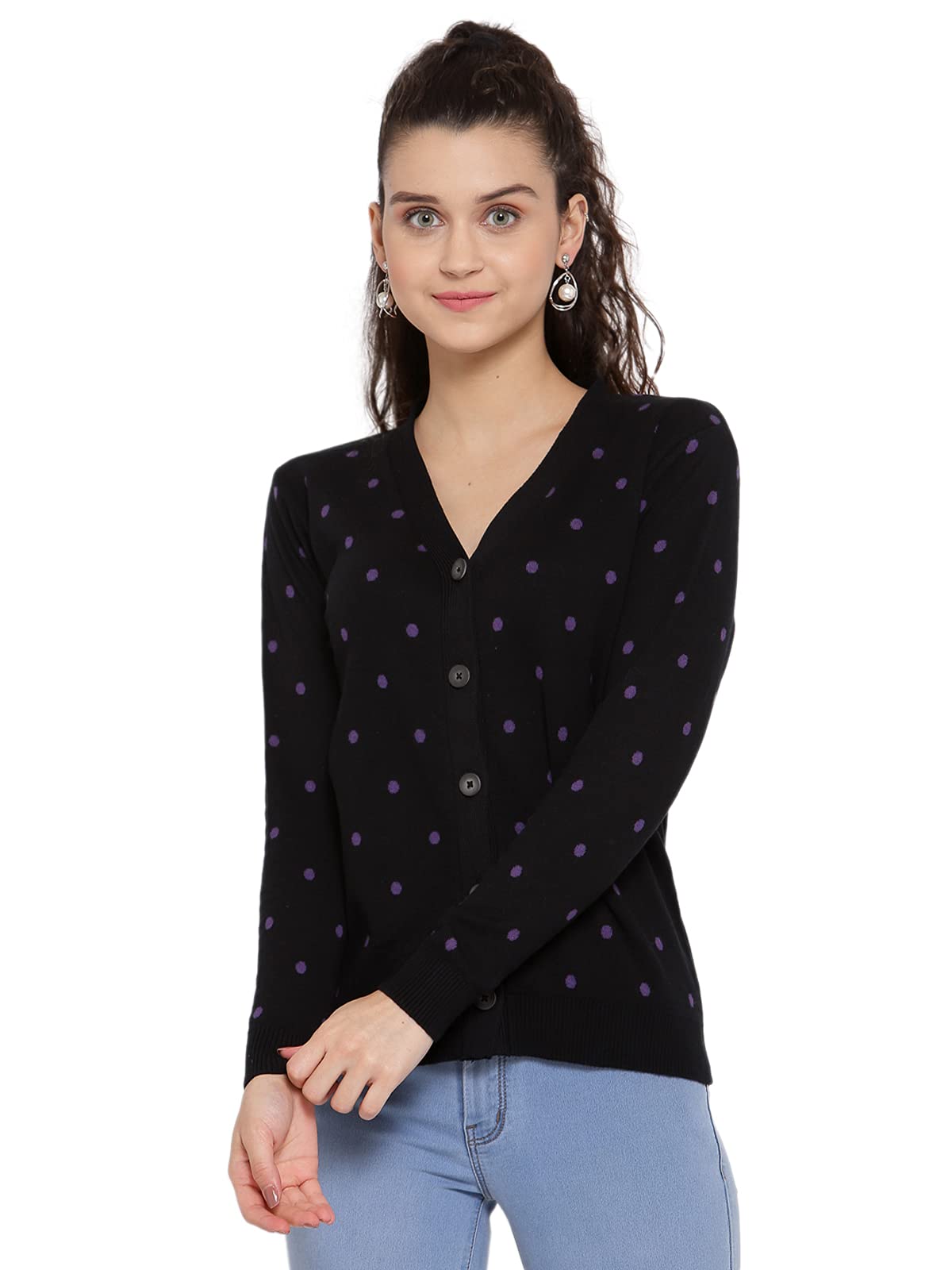 kalt Women Full Sleeves V-Neck Cotton Cardigan Sweater(Black::Purple)-picture-36