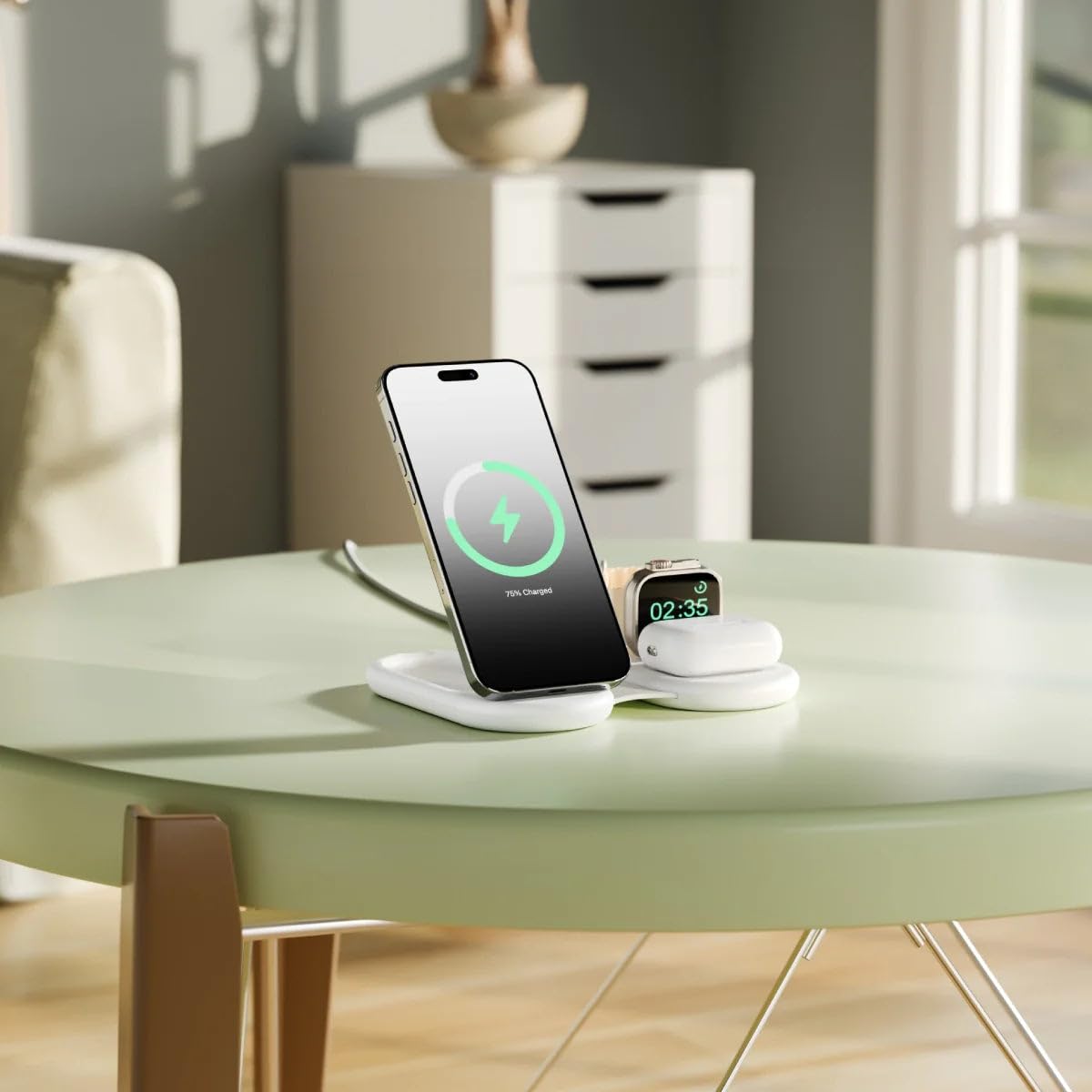 ALOGIC Packaway 3-in-1 Qi2 Wireless Charging Stand | Kabellose Ladestation | Bis 35 Watt | Für iPhone, Apple Watch und AirPods | Faltbar | USB-C I Weiß
