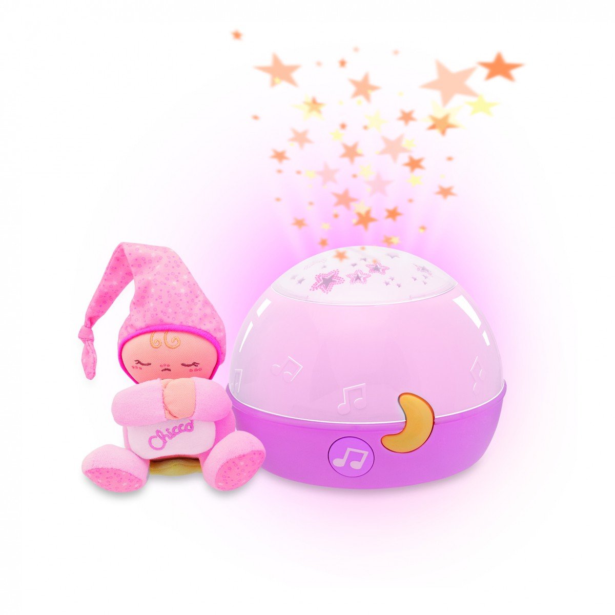 Chicco Buenas Noches Estrellitas Rosa, Lámpara Multicolor con Luz Quitamiedos y Proyector de Estrellas Infantil con Música Relajante y Peluche Extraíble – Juguetes Bebé 0+ Meses