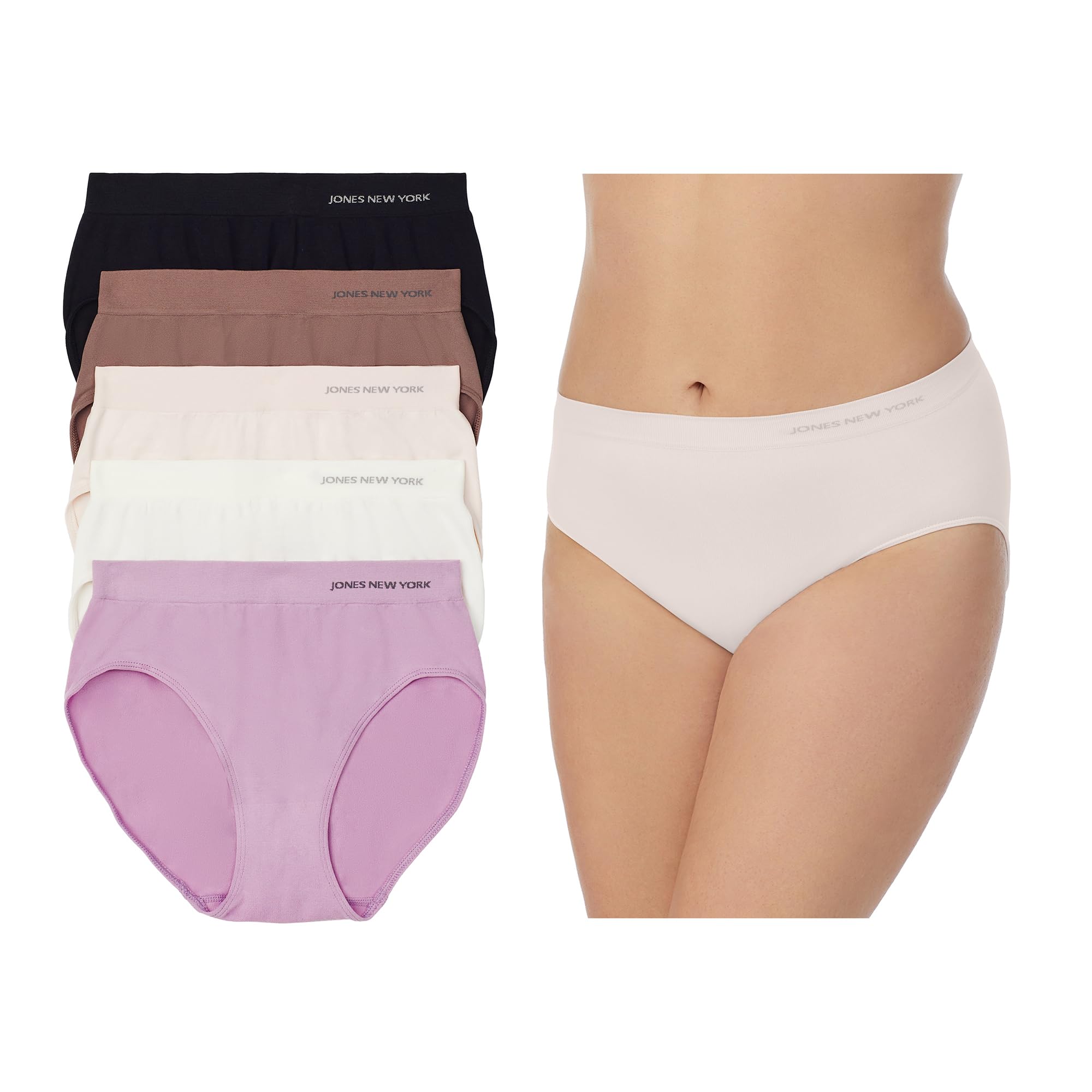 Jones New York Underwear for Women High Cut Brief Full Coverage Seamless Stretch Comfort Panties - 5 Pack Multipack