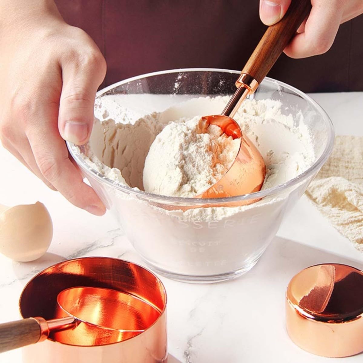 GALPADA 1satz Teiliges Messbecher Dosierlöffel Waage Rostfreier Edelstahl Walnussgriff Roségoldfarben Präzise Messung für Backzubehör und Küchenwerkzeug