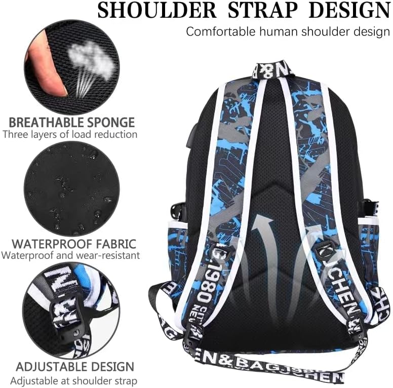 School Backpack for Boys Print Backpack Teenagers Anime Large School Bag Outdoor Reflective Daypack.Luminous Pattern Travel Laptop Backpack - With Usb Charging Port Headphone port(Blue) - Image 8