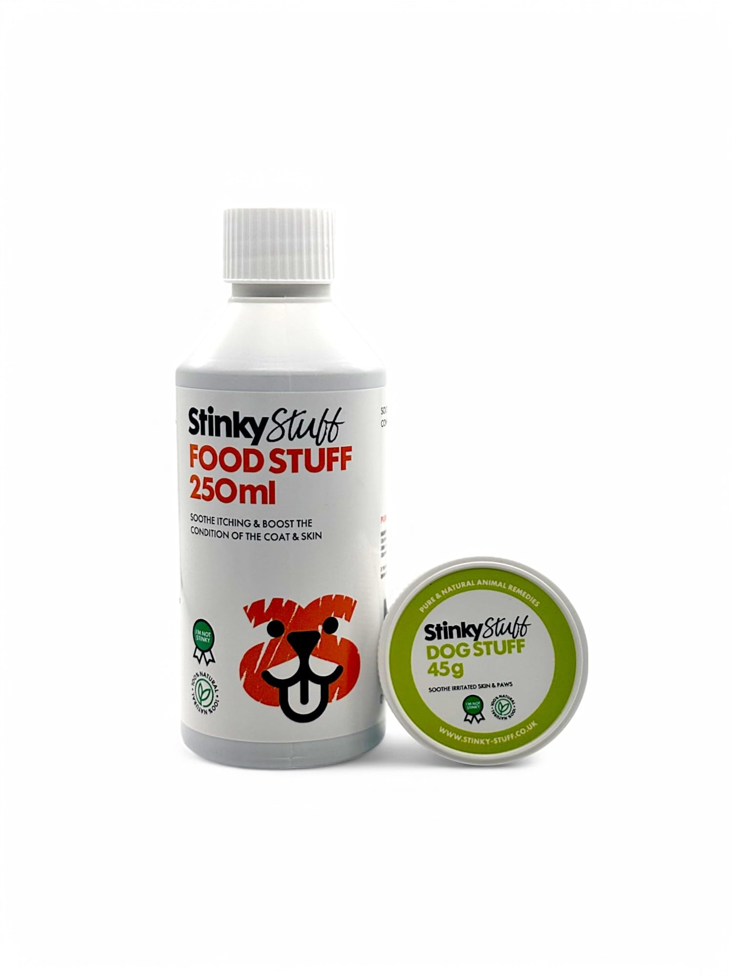 Stinky Stuff Pet Care Set, 250ml Food Supplement and 45g Skin Balm, Natural Dog Itch Relief