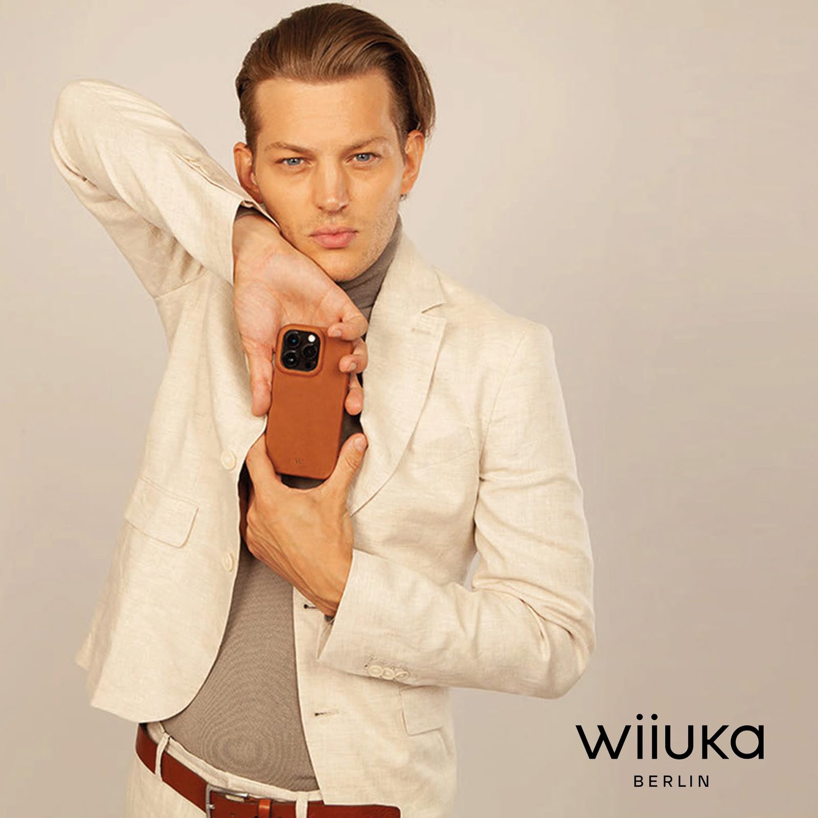 WIIUKA Funda para iPhone 16 Pro Max, piel de Alemania, funda de piel extrafina, funda premium para teléfono móvil, Case, Qi, skiin more, vintage coñac marrón