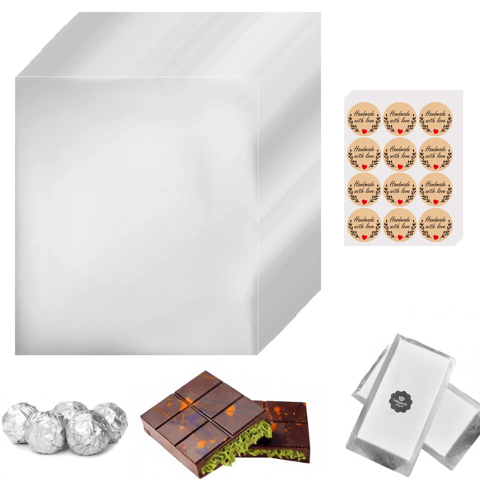 100 Pcs Dubai Chocolate Bar Wrappers with Thick Paper Backing, 25 x 30 cm/9.84″‌x 11.81″‌ Gold Foil Deep Chocolate Wrapping Paper and Stickers for Homemade Candy Sweety (Silver, 9.84″‌x 11.81″‌)