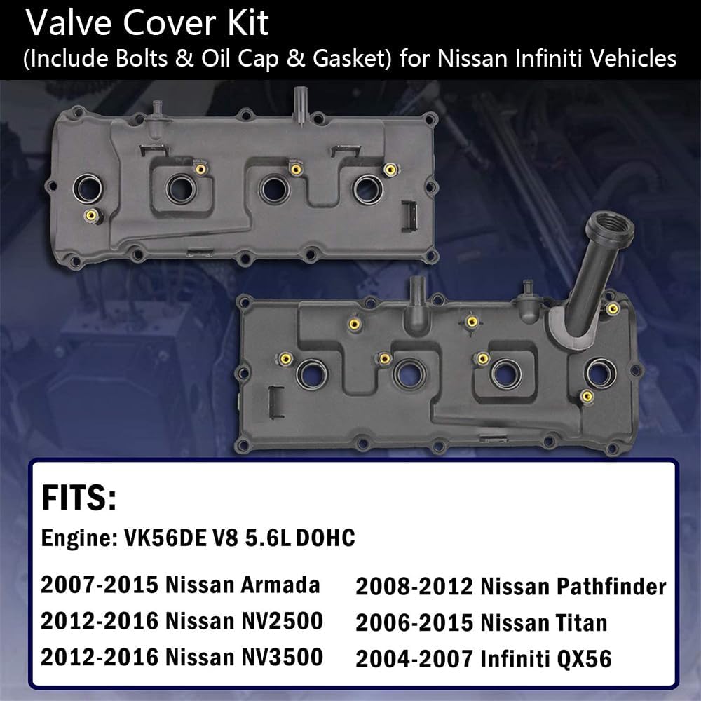 13264-7S000 Cylinder Head Cover Gasket, Valve Cover Set with Bolts & Oil Cap & Spark Plug Tube Seals & Gaskets & PCV Valve Compatible for VK56DE Nissan 13264-7S010 13264-ZE00A