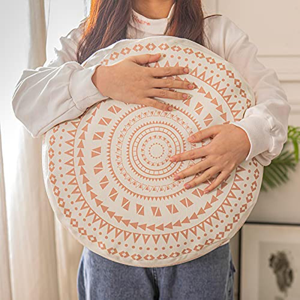 MOCOFO Unstuffed Round Pouf Cover, Boho Geometric Ottoman Footstool Cover with Handle, Decorative Floor Pillow & Storage Bean Bag for Living Room, Nursery, Patio(Red,18x18x8,Cover only)