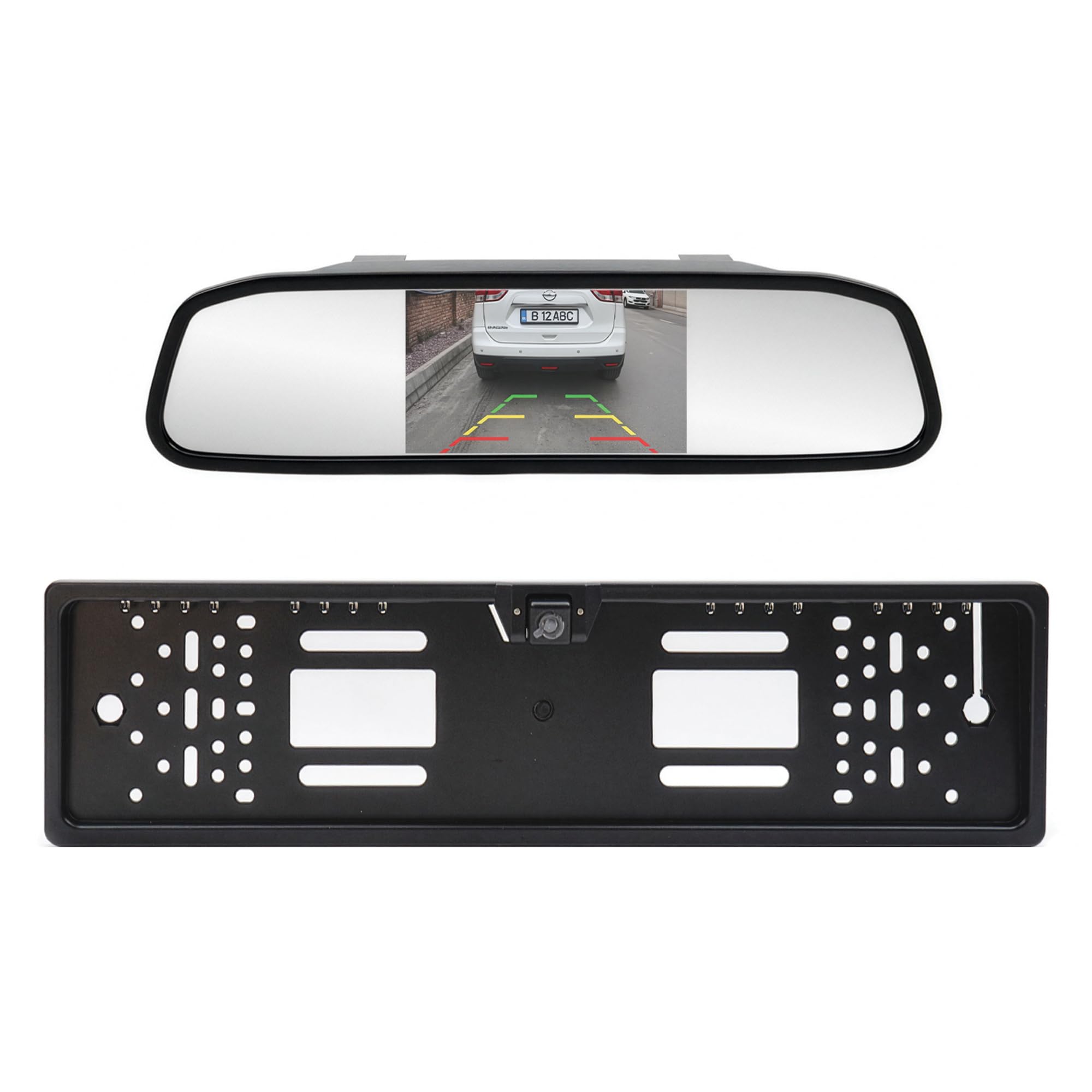 Système de stationnement sans Fil PNI Escort P25 avec écran LCD intégré de 4,3 Pouces dans Le rétroviseur et caméra de recul avec Support de Plaque d'immatriculation, résolution 480p et Angle de