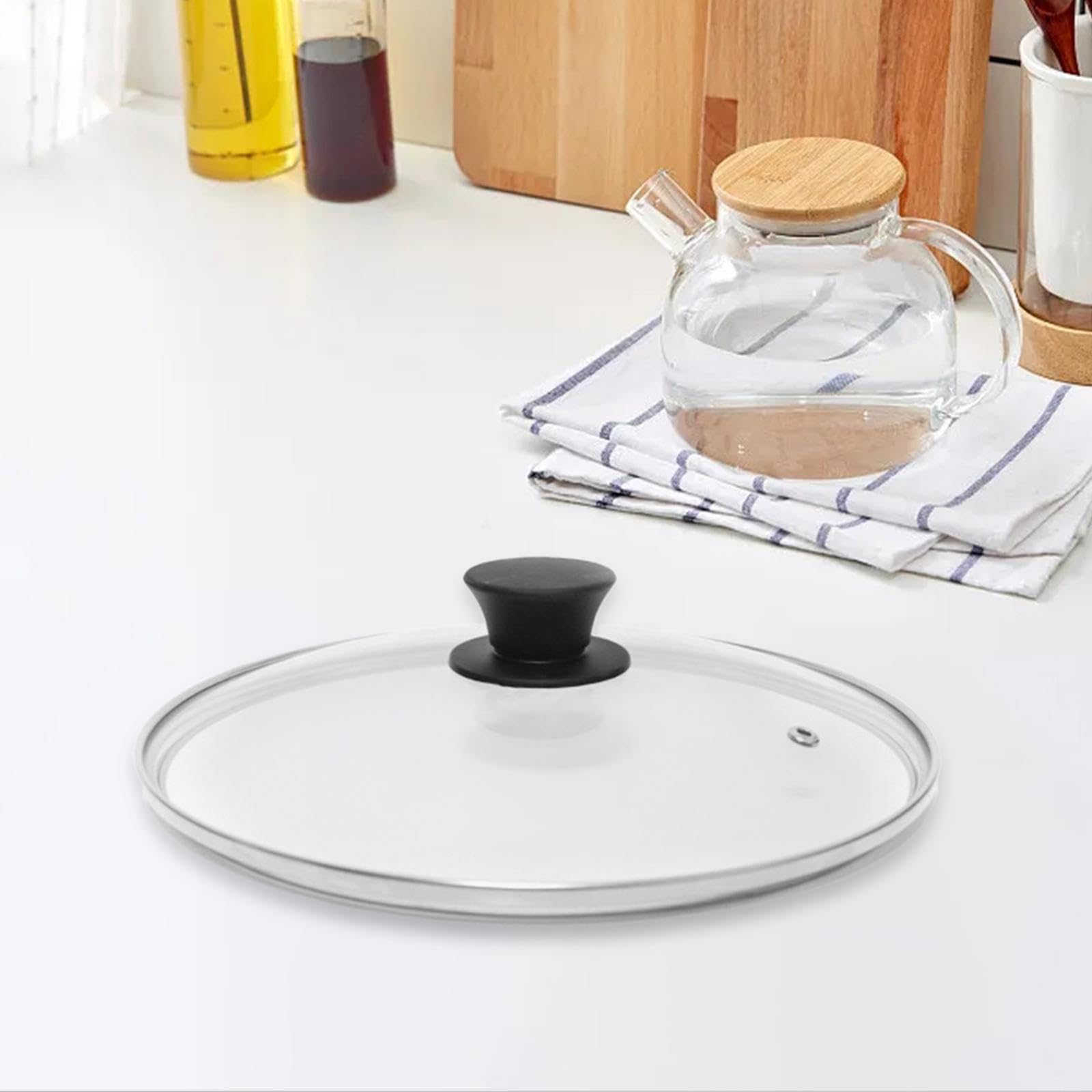 Tapa de Cristal 34 cm, Universal para Ollas y Sartenes, Tapa con Mango Termoplástico y Salida de Vapor, Tapa de Cristal Resistente al Calor, Apta para Lavavajillas