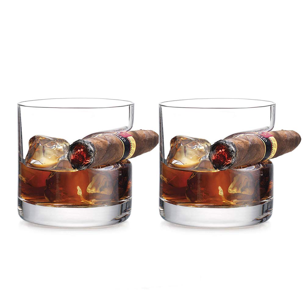 VATRIO Cigar Glass, Old Fashioned Whiskey Glass with Built-In Cigar Rest Holder, Gifts for Men Who Have Everything, Perfect for Scotch, Bourbon, 2 pcs