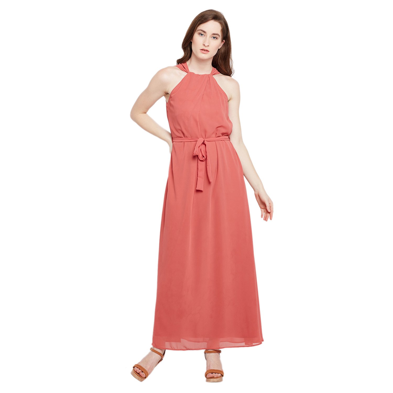 knee length dresses for ladies Red Halter Neck Pleated Maxi Dress main image 1