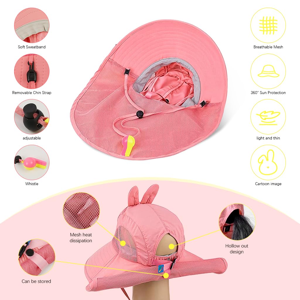 SNOWIE Soft® Wide Brim Sun Hat for Kids Girls with Neck Flap Shawl, UPF 50+ Adjustable Chin Strap Sun Protection Hat for Girls 2-10 Years Old, Summer Breathable Sun Visor Hat Windproof Beach Hat. 1