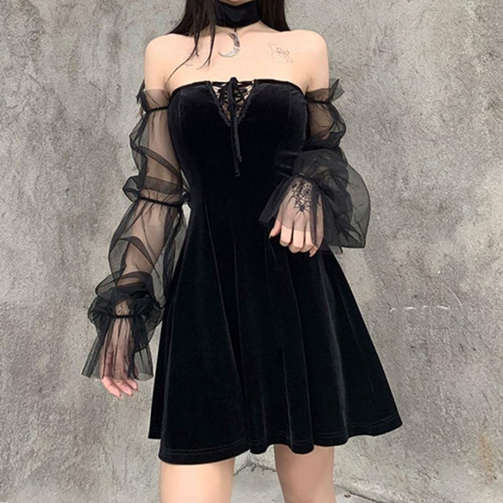 WRYIPSF Gothic Vintage Lace Up Black Dress Goth Aesthetic Mesh Long Sleeve  Mini Dress Women Harajuku High Waist Party Dresses - Black_S : Amazon.de:  Fashion