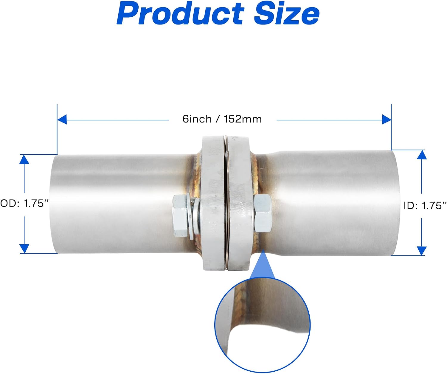 Exhaust Flange Repair Pipe Kit, 1.75" ID/45mm to 1.75" OD with Stainless Steel Gasket Pipe and 2 Bolt, Quick Fix Flange Pipe Joint, Universal Fitment
