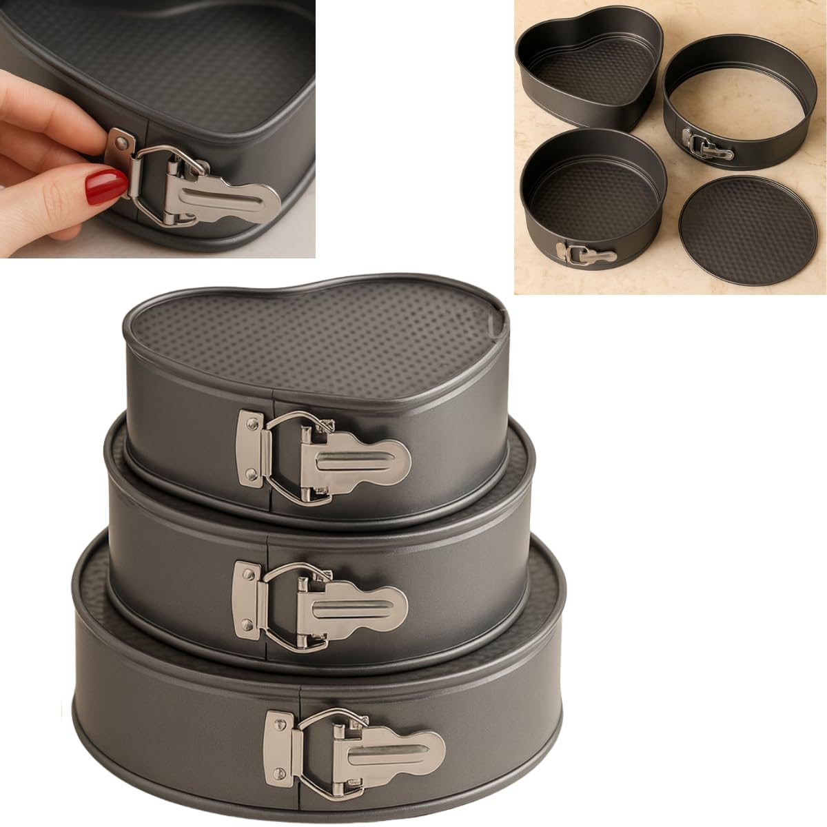 Kit Conjunto Forma de Bolo com Trava Assadeira para Forno Redondo Coração Antiaderente