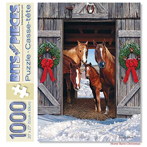 Bits and Pieces – 1000 Piece Jigsaw Puzzle for Adults – Horse Barn Christmas - Winter Holiday Scene Jigsaw Puzzle by Artist Russell Cobane, Completed Puzzle Size: 20