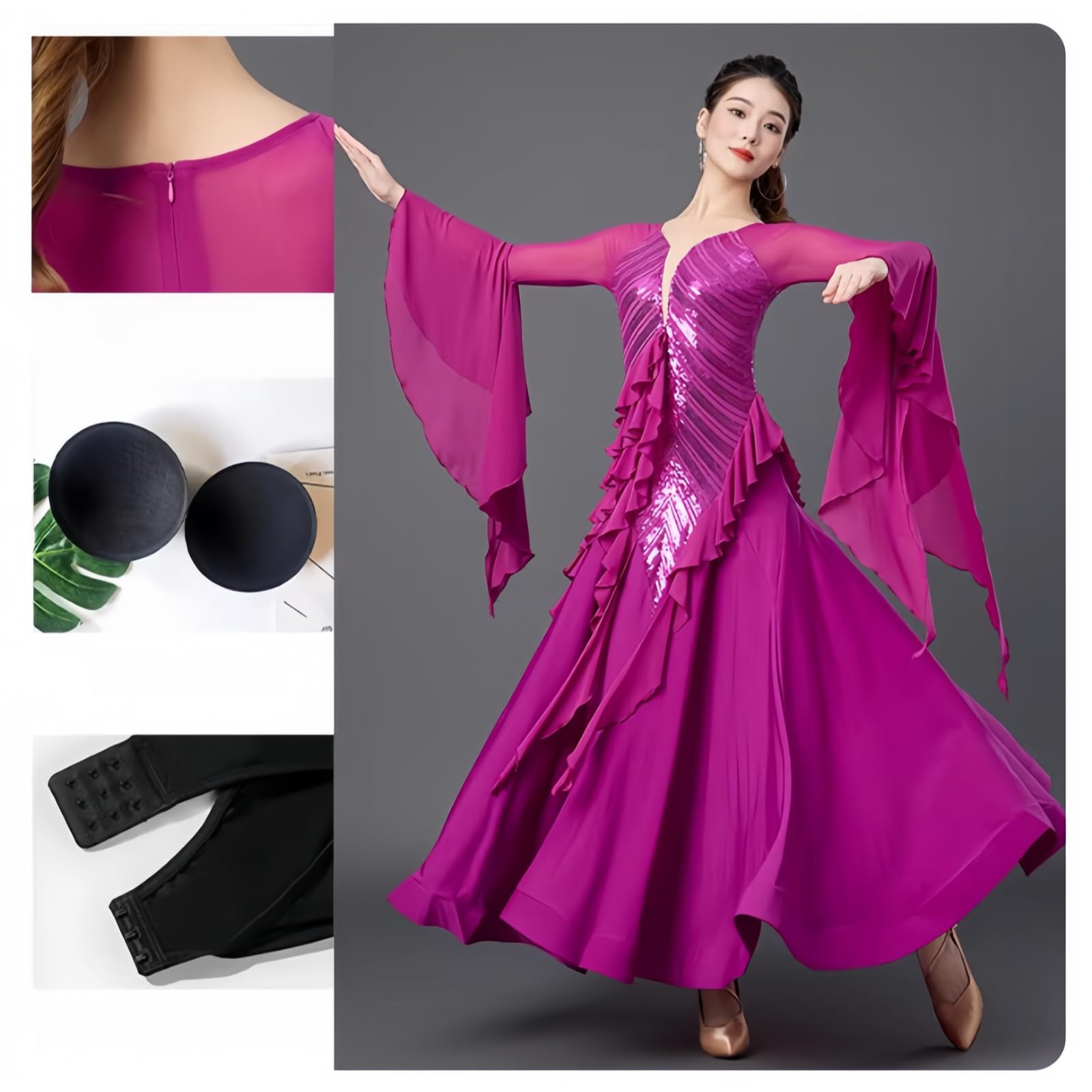 Damen Standard Ballroom Tanzkleid, Elegantes Langarm Tanzkleid Mit V-Ausschnitt, Pailletten Und Fließendem Rock Für Walzer Tango Foxtrott Training Und Turnier