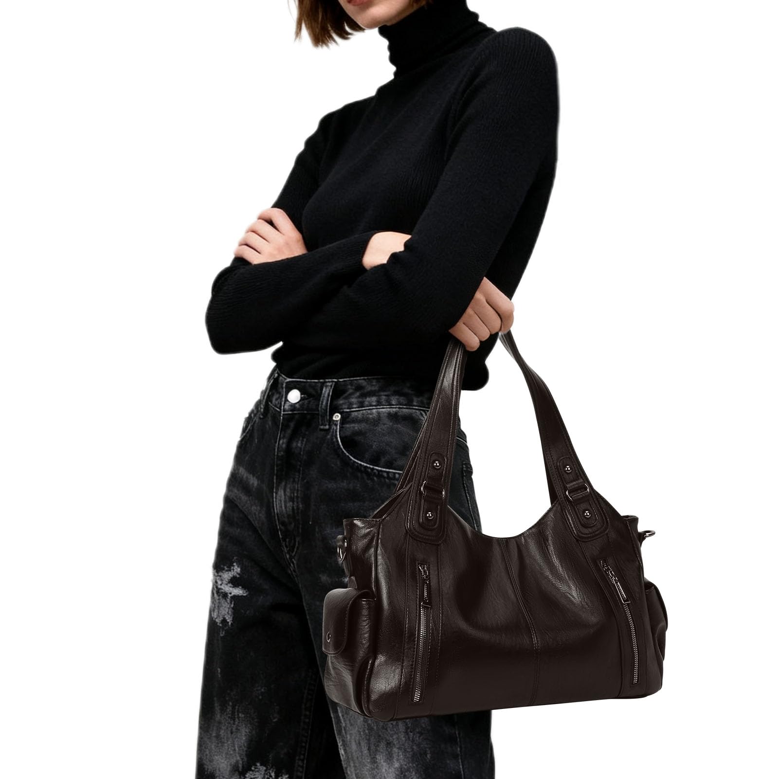 GSenhui Bolso de mano vintage para mujer, bolso de ciudad, holgado, grande, de piel sintética, estilo punk, bolso de hombro para mujer, para viajes, negro, B3-café, 40x25x15 cm