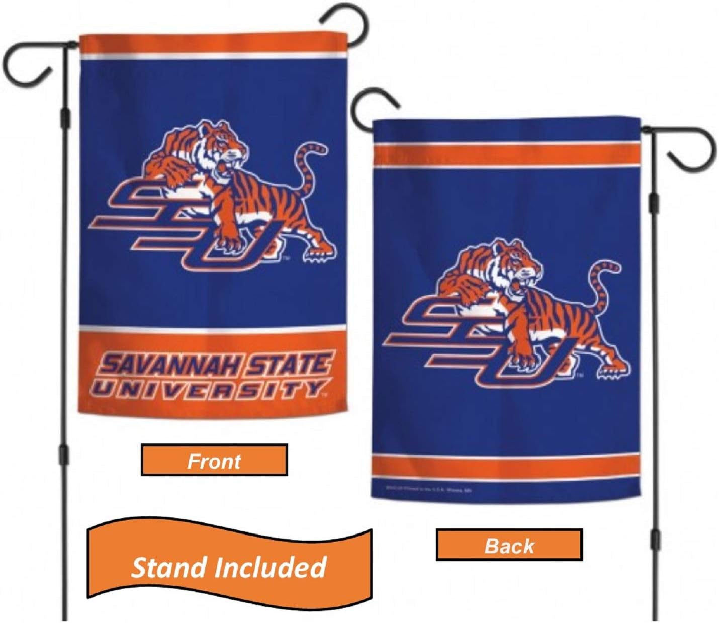 Savannah State Tigers Garden Flag Set With Stand, Printed in the USA, 12.5" x 18" College Flag With Three Piece Steel Yard Flag Stand Holder