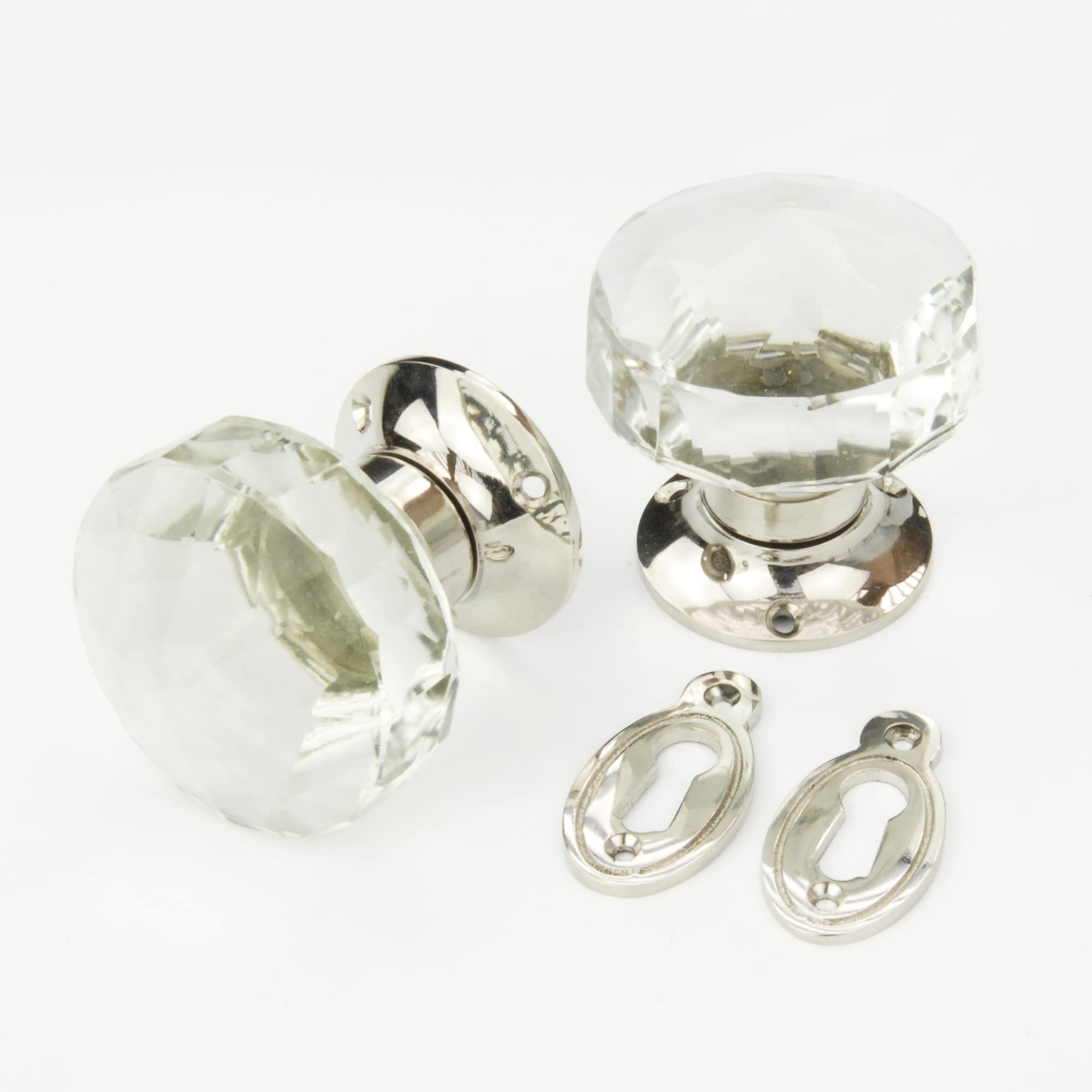 Underground Parts Brass Jones & Grey Glass Round Door Knobs & Oval Escutcheons Polished Nickel