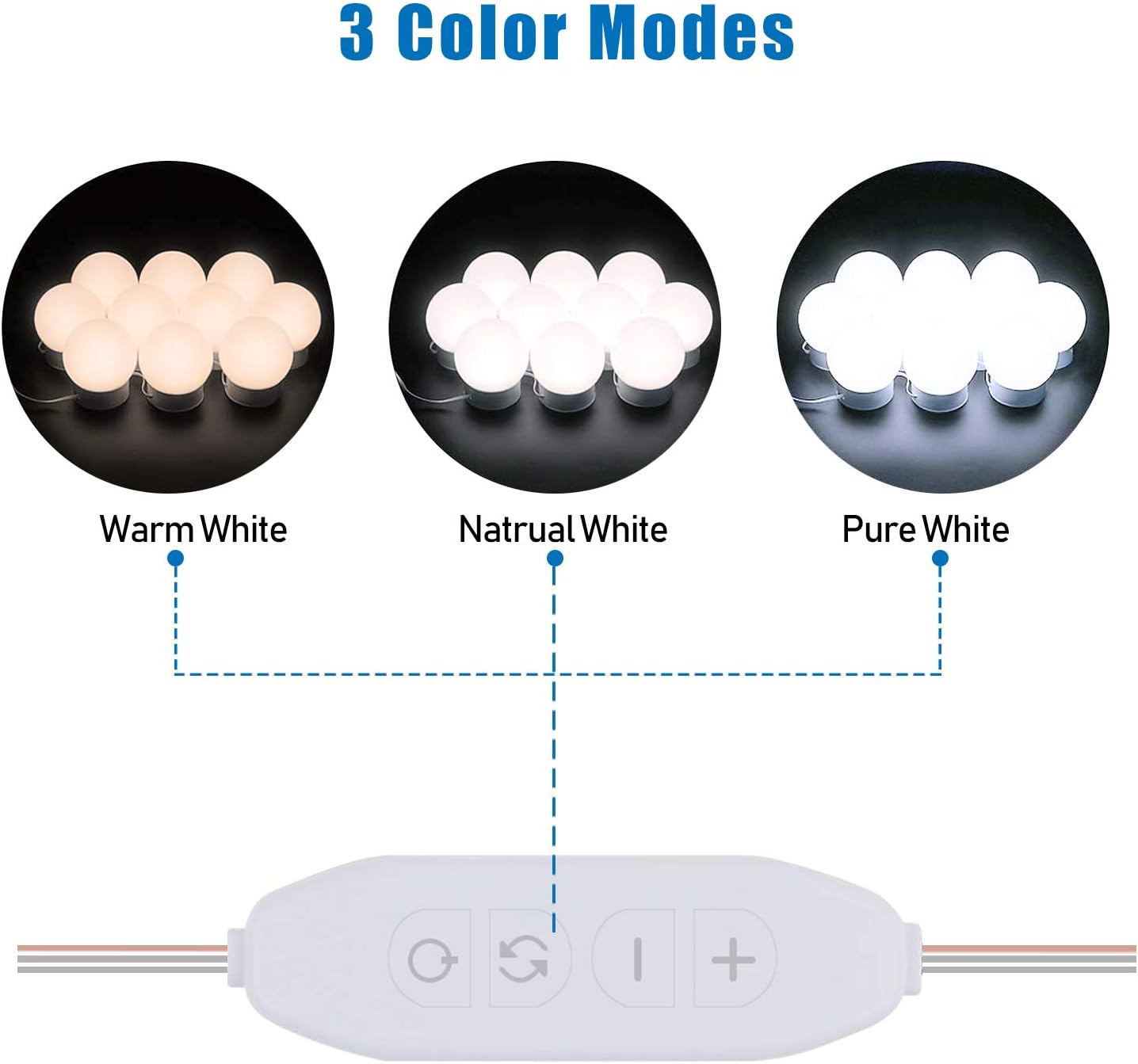 Mirror Lights, Hollywood Style LED Vanity Mirror Lights Kit with 10 Dimmable Bulbs, USB Cable Vanity Lights for Mirror with 3 Color Modes & 10 Adjustable Brightness (Mirror & USB Charger Not Include)