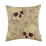 CaliTime Canvas Throw Pillow Case Shell for Couch Bed Home Decoration Halloween Roses Floral Skull 18 X 18 Inches Wine Yellow