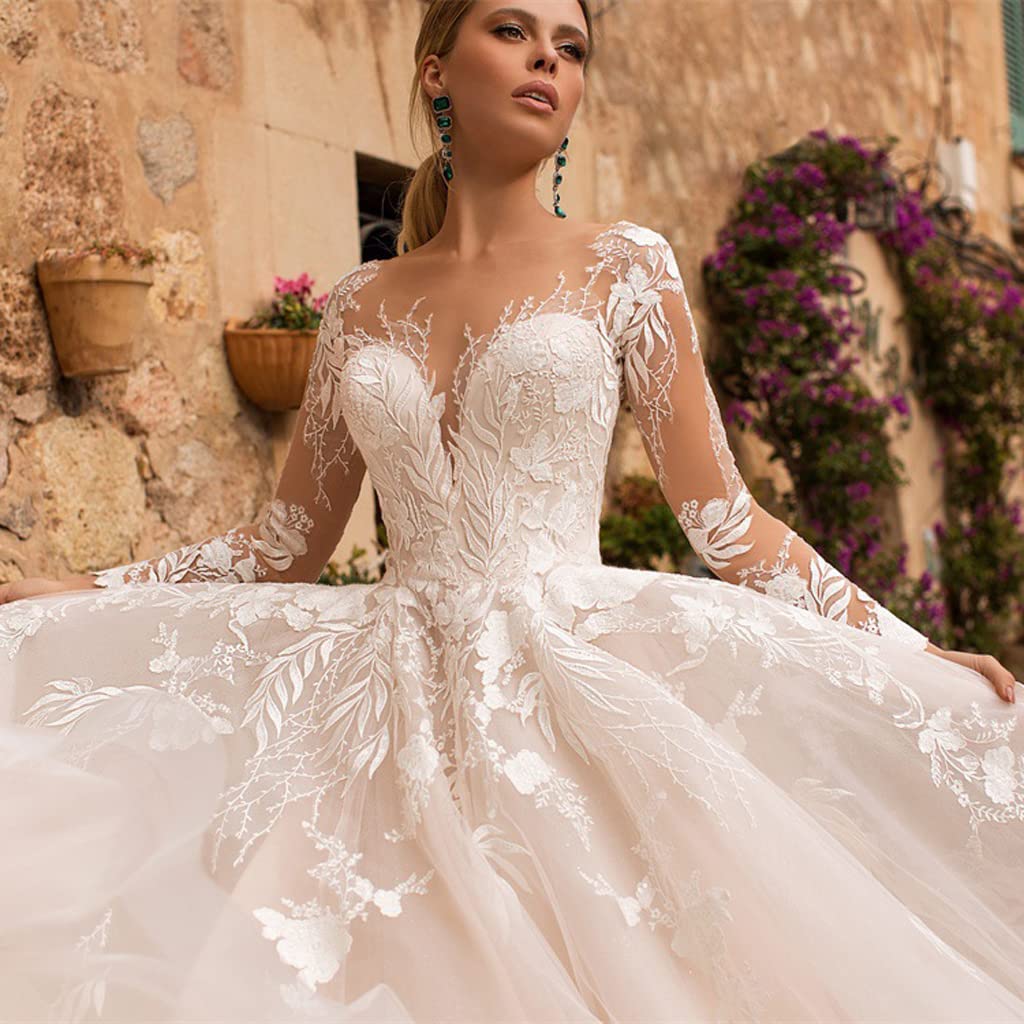 Abiti da Sposa A Manica Lunga da Donna Abiti da Sposa Lunghi con Elegante Scollatura A V sul Retro Abito da Sposa in Pizzo Nudo con Applique - Avorio