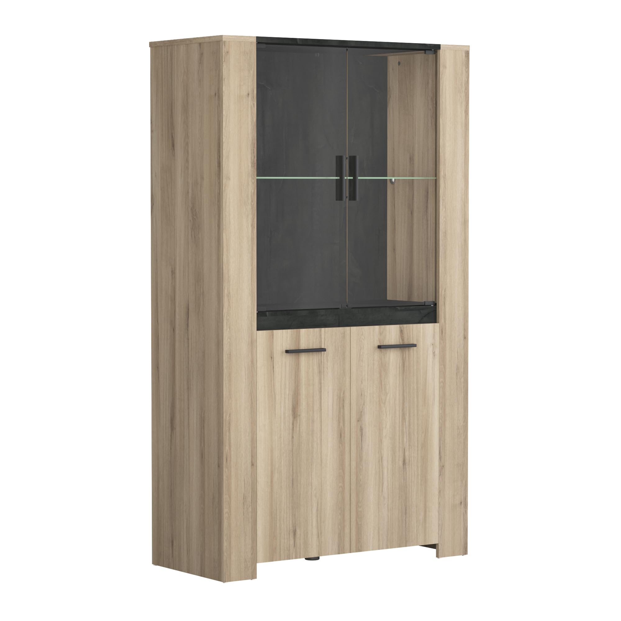 Vaisselier Vitrine Industriel En Bois 2 Portes Vitrées & 2 Portes – Coloris Chêne et Gris Foncé Martelé - 99,8x43,3x73,8 cm