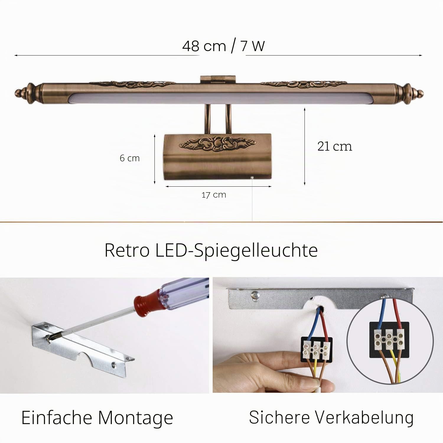 ACMHNC Vintage Spiegelleuchte Bad Mit Schalter,Golden Retro Spiegellampe Badezimmer Antikes Finish Badlampe Drehbar Spiegelschrank Schminklicht Spiegellicht IP44 Wandlampe Spiegel Beleuchtung,48cm/7w