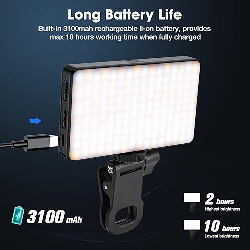 Miniatura 4 de Luz de cámara de teléfono celular con clip, luz de video recargable para selfie de 160 LED, temperatura de color ajustable 2500K-6500K Luz de