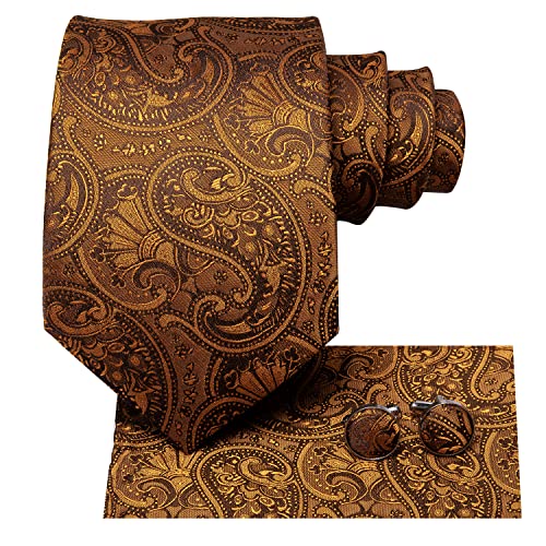 Dubulle Mens Orange Tie and Pocket Square Woven Silk Necktie Set with Cufflinks