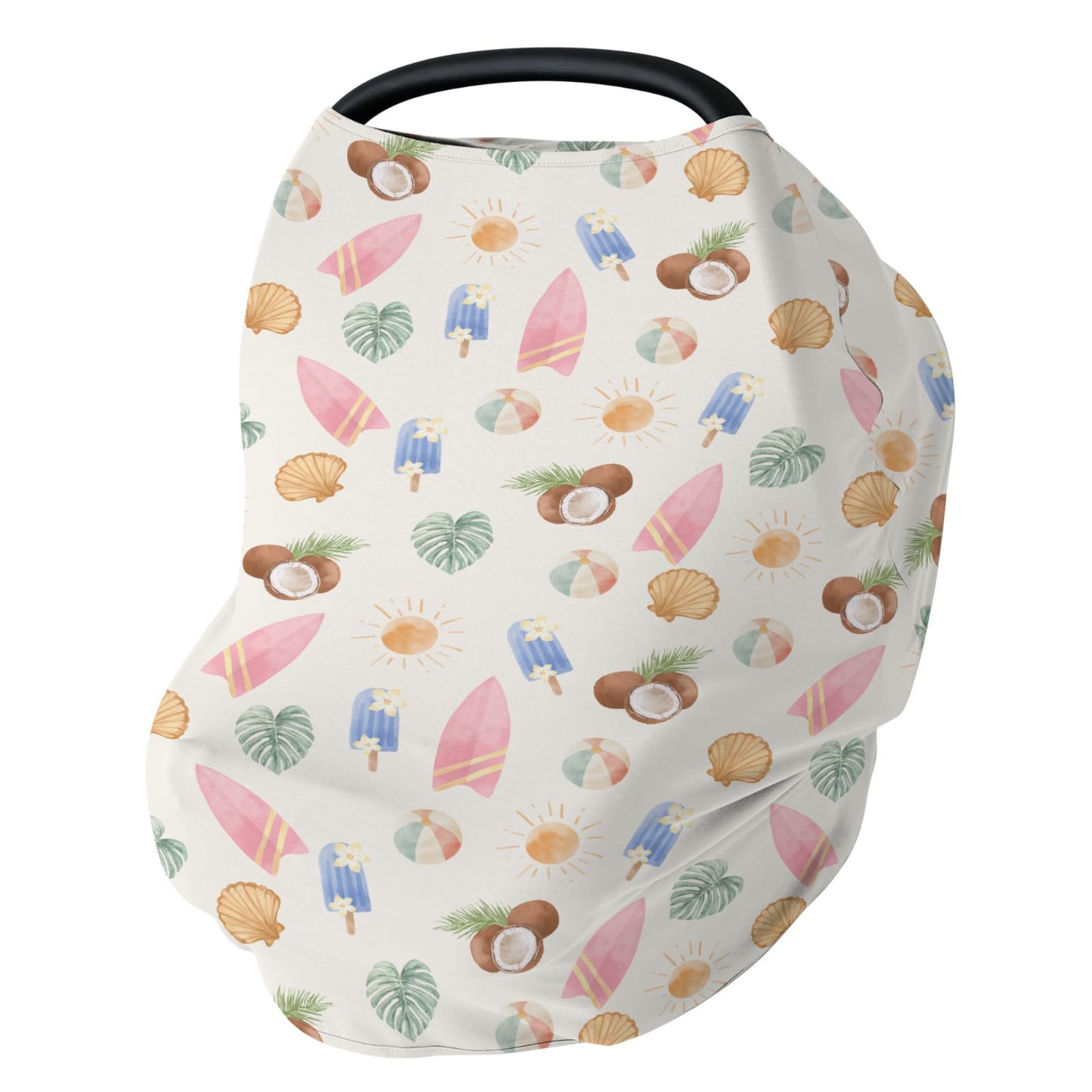 Neutral Summer Beach Car Seat Covers for Babies Surfboard Coconut Seashells Sun Balls Stretchy 5-in-1 Cover Adjustable Infant Carseat Canopy Cover Seaside Holiday Breathable Nursing Cover-Up