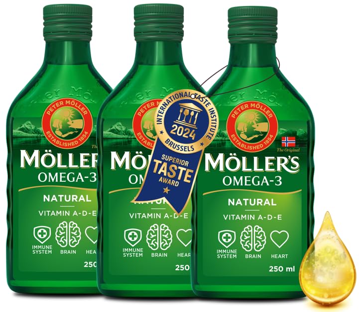 Möller's Aceite de hígado de bacalao Omega 3 | Complemento alimenticio con EPA, DHA, Vit A, D y E | Alta pureza natural | Marca de 165 años | Premio Superior Taste Award | Sabor neutro | 250 ml x 3