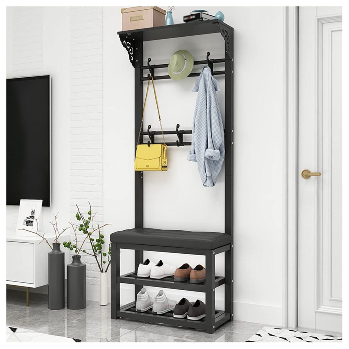 MSHGSKU Multi functional Coat Rack & Shoe Bench 80cm Freestanding Entryway nizer with Hooks & Storage Stylish Black Hallway Furniture for Home Entry