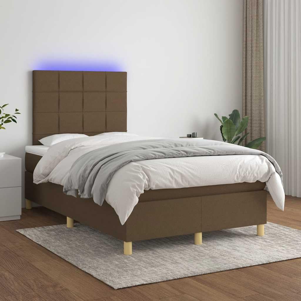 tkanina LED regulowany zagłówek kontynentalne 120x190 cm brąz | Łóżko kontynentalne z materacem brązowe 120x190 cm tkanina LED podświetlenie zagłówek regulowany sprężyny kieszeniowe