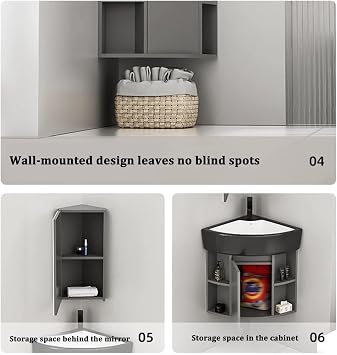 Corner Bathroom Sink, Corner Bathroom Vanity, Corner Ceramic Sink, Corner Vanity with Sink and Mirror Cabinet, Wall Mounted Bathroom Sink Cabinet for Small Space(38cm/14.9in)