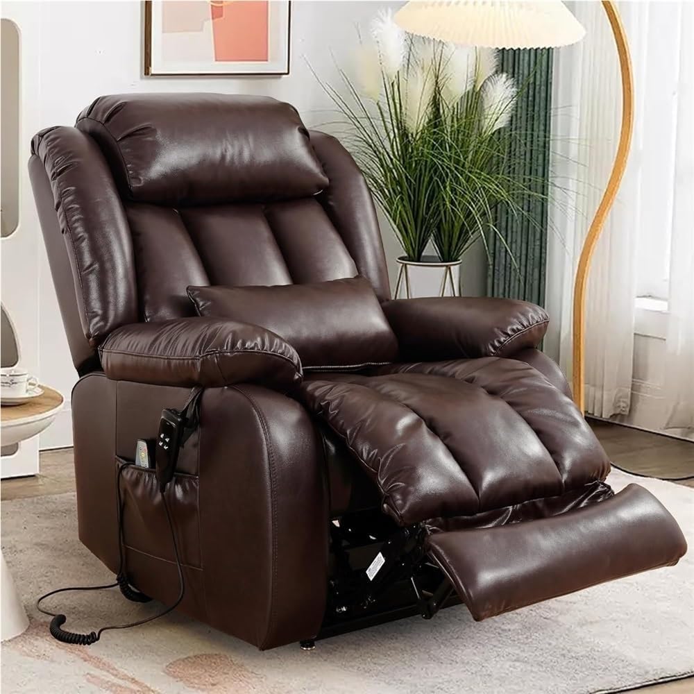 Dual Motor Power Lift Recliner Chair for Elderly with Heated Massage Leather Double Lumbar Cushion Extended Footrest USB Type C Port Remote Control Brown Reclining Sofa