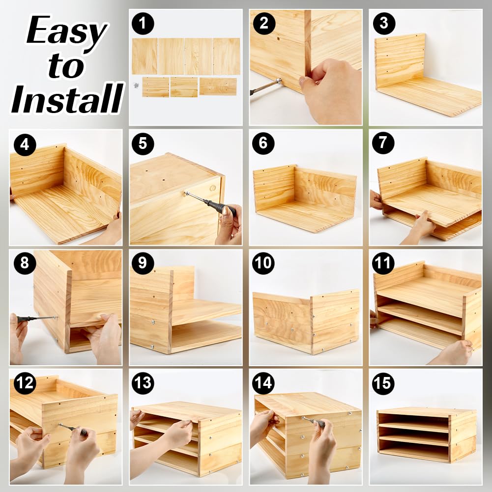 PH PandaHall Organizador de escritorio de madera de 3 niveles porta documentos y bandeja para cartas, clasificador de archivos y estante de mesa, práctico para guardar papel y correo para oficina, 35