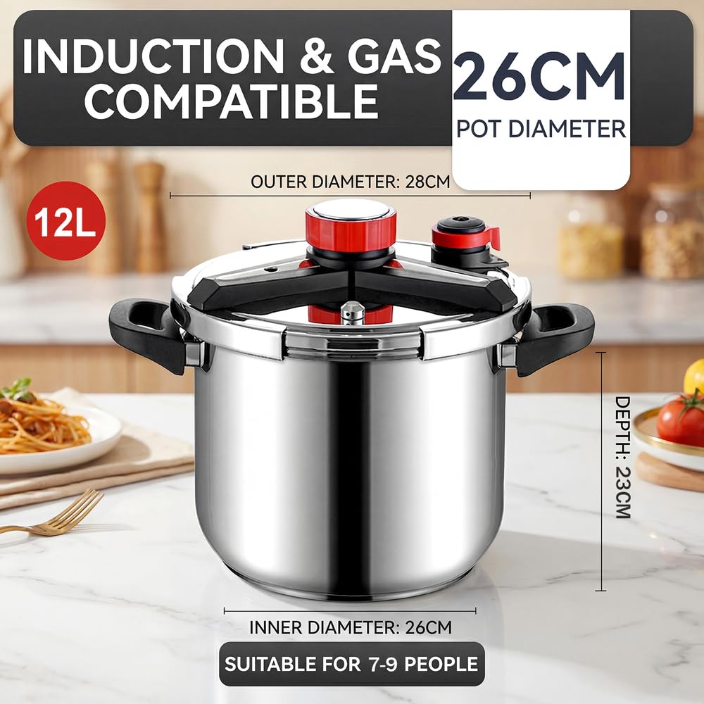 12 Liters Olla a Presión 4 en 1 de Acero Inoxidable 304,Antiexplosión,3 Niveles PSI,Tapa de Vidrio y Vaporera,tapa de olla Conserva con Bloqueo de Una Mano,Compatible con Inducción y Gas