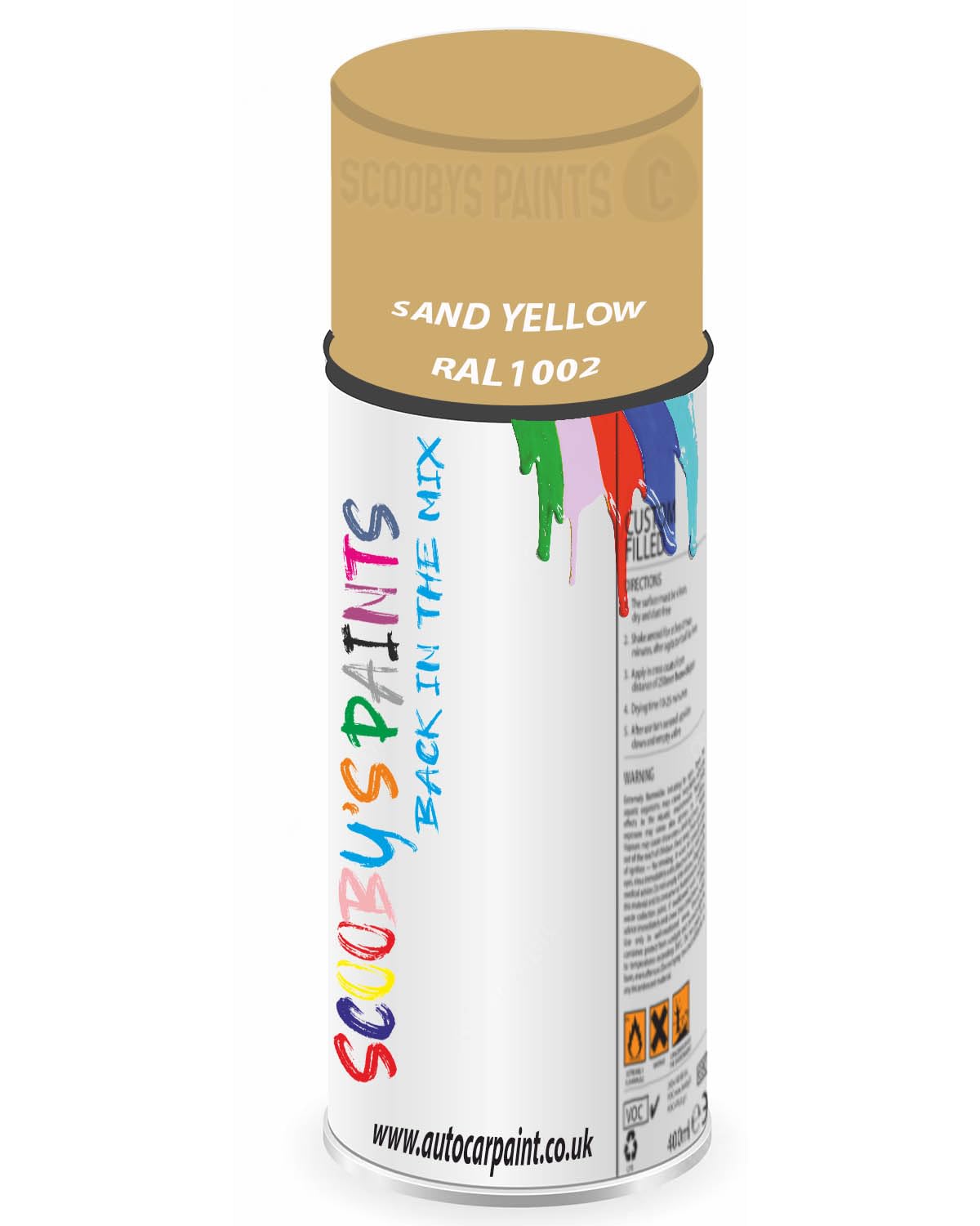 SCOOBYS PAINTS BACK IN THE MIX RAL1002 Sand yellow 400ML Aerosol Spray Paint RAL Colour Can Gloss Shinny Finish DIY Indoor/Outdoor Wood Plastic Metal Heat Resistant Steel